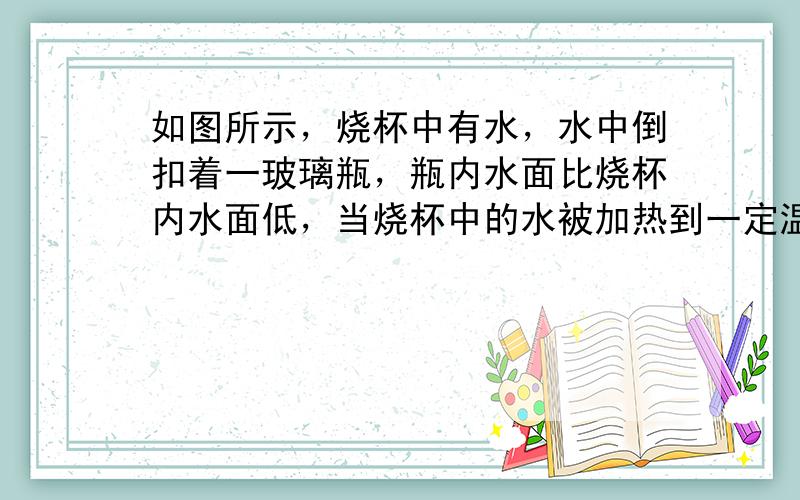 如图所示，烧杯中有水，水中倒扣着一玻璃瓶，瓶内水面比烧杯内水面低，当烧杯中的水被加热到一定温度时（　　）