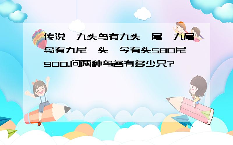 传说,九头鸟有九头一尾,九尾鸟有九尾一头,今有头580尾900.问两种鸟各有多少只?