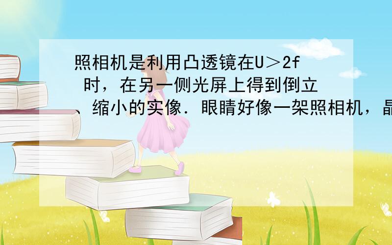 照相机是利用凸透镜在U＞2f 时，在另一侧光屏上得到倒立、缩小的实像．眼睛好像一架照相机，晶状体和角膜共同作用相当于一