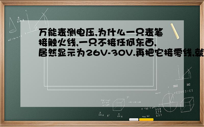 万能表测电压,为什么一只表笔接触火线,一只不接任何东西,居然显示为26V-30V.再把它接零线,就正常了22