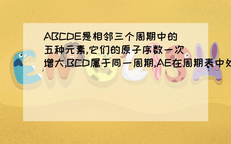 ABCDE是相邻三个周期中的五种元素,它们的原子序数一次增大,BCD属于同一周期,AE在周期表中处于同一纵行