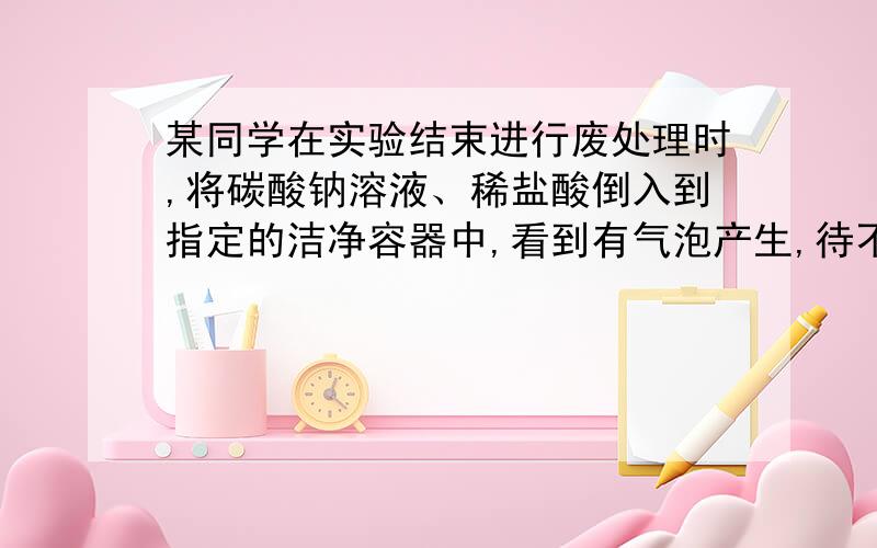 某同学在实验结束进行废处理时,将碳酸钠溶液、稀盐酸倒入到指定的洁净容器中,看到有气泡产生,待不再产