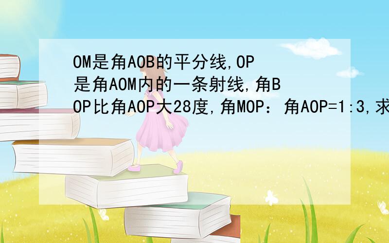 OM是角AOB的平分线,OP是角AOM内的一条射线,角BOP比角AOP大28度,角MOP：角AOP=1:3,求角AOB的