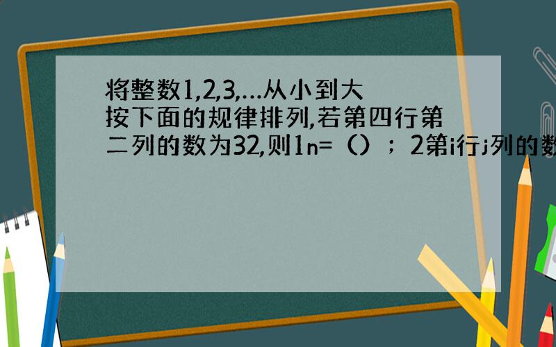 将整数1,2,3,…从小到大按下面的规律排列,若第四行第二列的数为32,则1n=（）；2第i行j列的数为