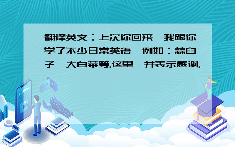 翻译英文：上次你回来,我跟你学了不少日常英语,例如：蒜臼子、大白菜等.这里一并表示感谢.