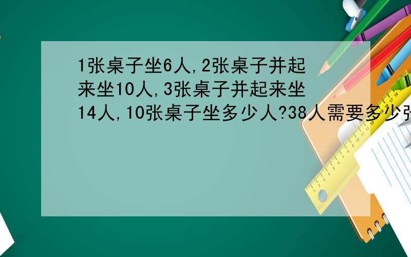 1张桌子坐6人,2张桌子并起来坐10人,3张桌子并起来坐14人,10张桌子坐多少人?38人需要多少张?