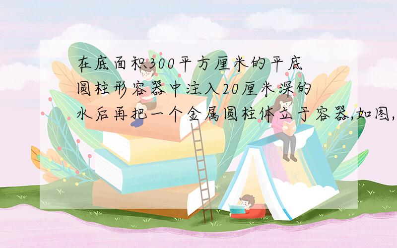 在底面积300平方厘米的平底圆柱形容器中注入20厘米深的水后再把一个金属圆柱体立于容器,如图,若圆柱体横截面积为50平方