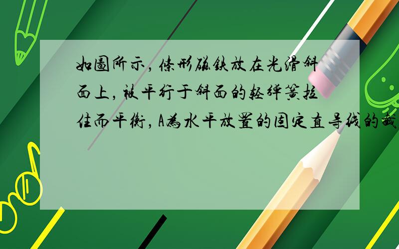 如图所示，条形磁铁放在光滑斜面上，被平行于斜面的轻弹簧拉住而平衡，A为水平放置的固定直导线的截面，导线中无电流时磁铁对斜