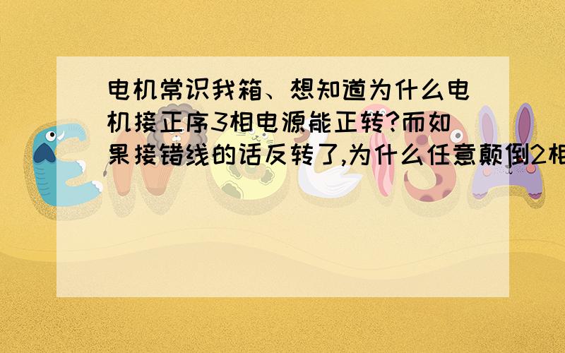 电机常识我箱、想知道为什么电机接正序3相电源能正转?而如果接错线的话反转了,为什么任意颠倒2相的接线就可以变成正转.我对