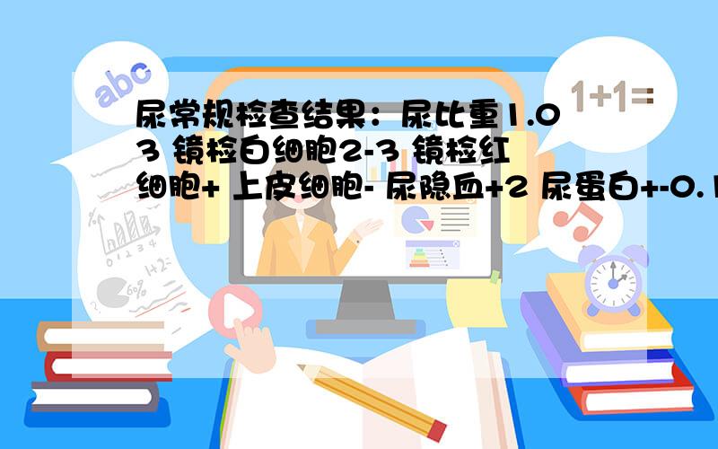 尿常规检查结果：尿比重1.03 镜检白细胞2-3 镜检红细胞+ 上皮细胞- 尿隐血+2 尿蛋白+-0.1粘液丝+