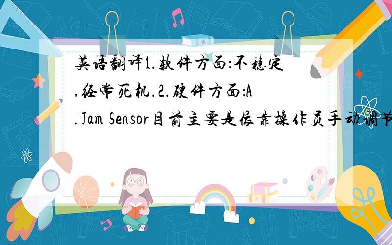 英语翻译1.软件方面：不稳定,经常死机.2.硬件方面：A.Jam Sensor目前主要是依靠操作员手动调节松紧,所以精确