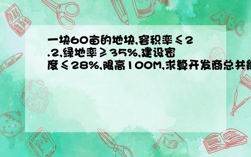 一块60亩的地块,容积率≤2.2,绿地率≥35%,建设密度≤28%,限高100M,求算开发商总共能开发多少面积?