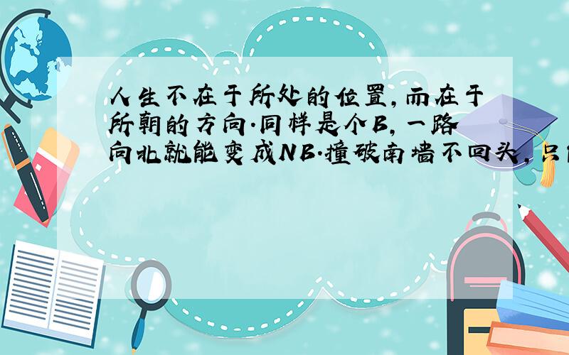 人生不在于所处的位置,而在于所朝的方向.同样是个B,一路向北就能变成NB.撞破南墙不回头,只能当个SB!不