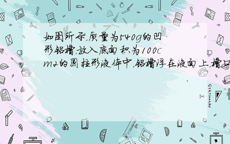 如图所示，质量为540g的凹形铝槽，放入底面积为100cm2的圆柱形液体中，铝槽浮在液面上，槽口恰好与液面相平，这时液面