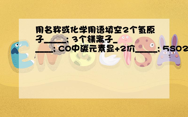 用名称或化学用语填空2个氢原子_____; 3个镁离子_____; CO中碳元素显+2价_____; 5SO2____