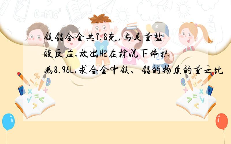 镁铝合金共7.8克,与足量盐酸反应,放出H2在标况下体积为8.96L,求合金中镁、铝的物质的量之比