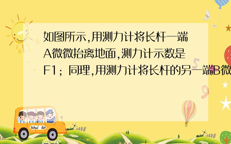 如图所示,用测力计将长杆一端A微微抬离地面,测力计示数是F1；同理,用测力计将长杆的另一端B微微抬离地