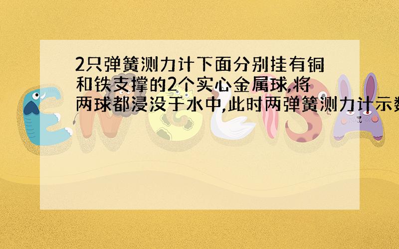 2只弹簧测力计下面分别挂有铜和铁支撑的2个实心金属球,将两球都浸没于水中,此时两弹簧测力计示数相等