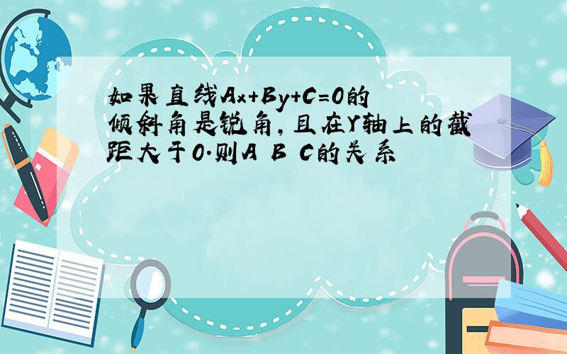 如果直线Ax+By+C=0的倾斜角是锐角,且在Y轴上的截距大于0.则A B C的关系