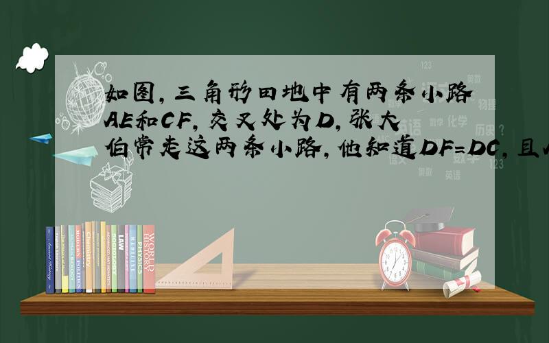 如图，三角形田地中有两条小路AE和CF，交叉处为D，张大伯常走这两条小路，他知道DF=DC，且AD=2DE，则两块田地A