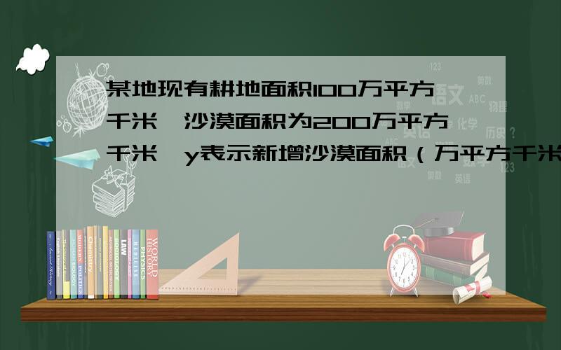 某地现有耕地面积100万平方千米,沙漠面积为200万平方千米,y表示新增沙漠面积（万平方千米）,x表示时间