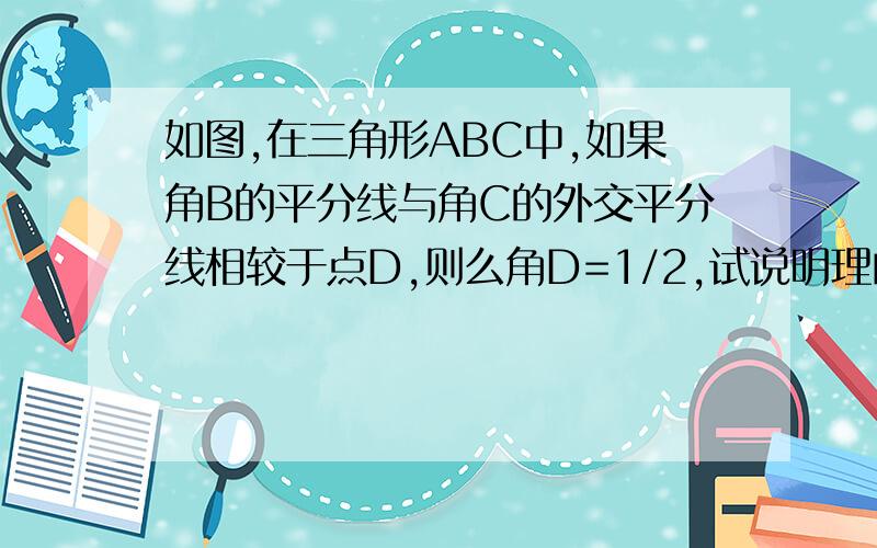 如图,在三角形ABC中,如果角B的平分线与角C的外交平分线相较于点D,则么角D=1/2,试说明理由