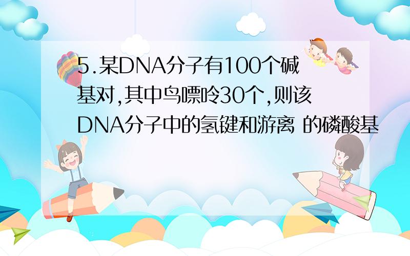 5.某DNA分子有100个碱基对,其中鸟嘌呤30个,则该DNA分子中的氢键和游离 的磷酸基