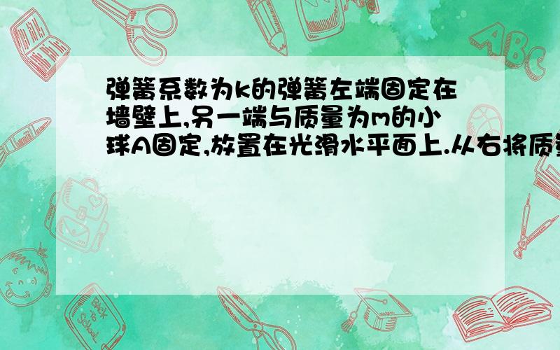 弹簧系数为k的弹簧左端固定在墙壁上,另一端与质量为m的小球A固定,放置在光滑水平面上.从右将质量为M的小球B以速度V碰撞