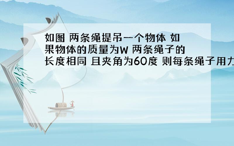 如图 两条绳提吊一个物体 如果物体的质量为W 两条绳子的长度相同 且夹角为60度 则每条绳子用力的大小为?