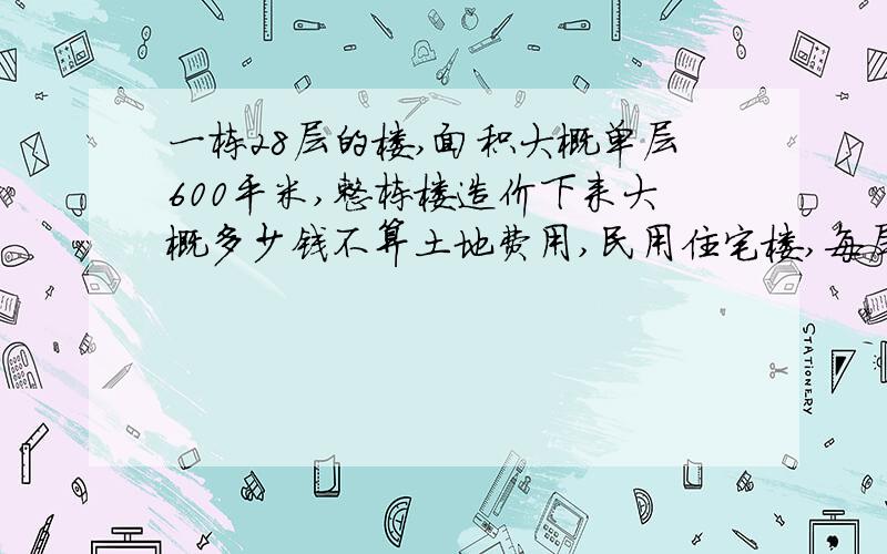 一栋28层的楼,面积大概单层600平米,整栋楼造价下来大概多少钱不算土地费用,民用住宅楼,每层6户