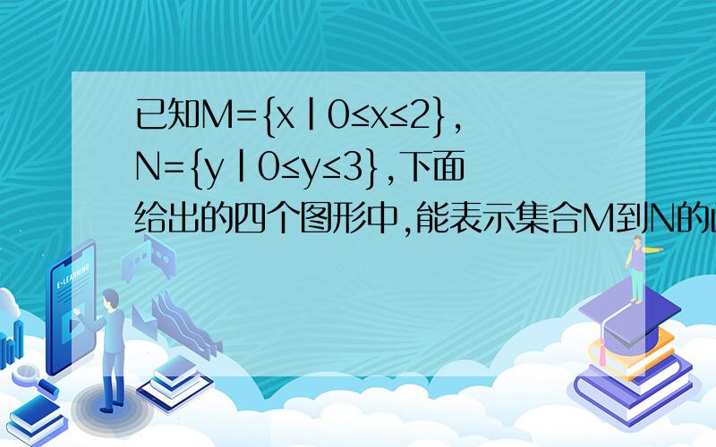 已知M={x|0≤x≤2},N={y|0≤y≤3},下面给出的四个图形中,能表示集合M到N的函数关系的有（ ）个 请各路