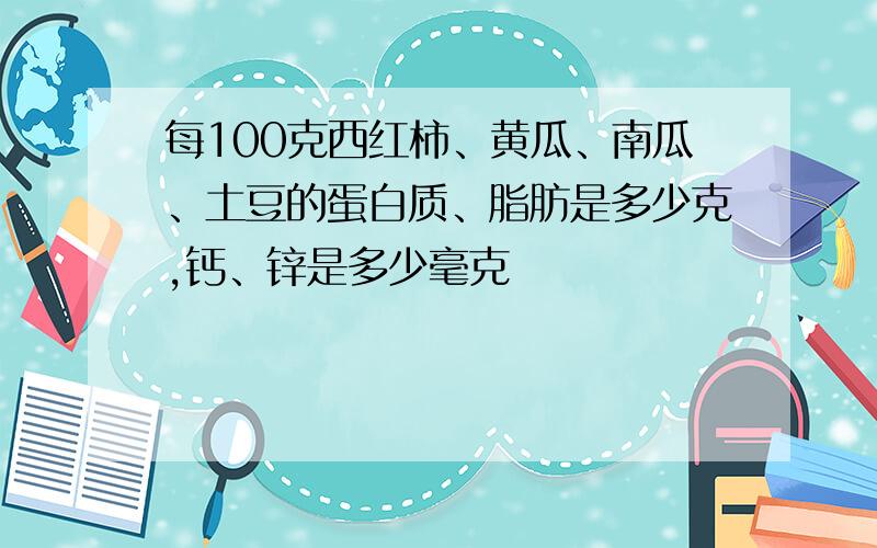 每100克西红柿、黄瓜、南瓜、土豆的蛋白质、脂肪是多少克,钙、锌是多少毫克