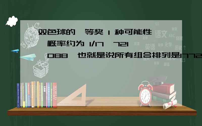 双色球的一等奖 1 种可能性,概率约为 1/17,721,088,也就是说所有组合排列是17721088种,那么在一期中