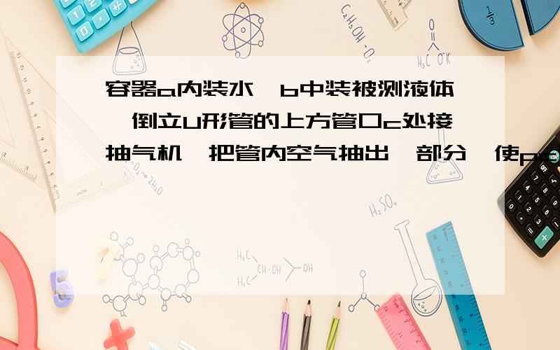 容器a内装水,b中装被测液体,倒立U形管的上方管口c处接抽气机,把管内空气抽出一部分,使pc低于外界大气压p0,若水在管