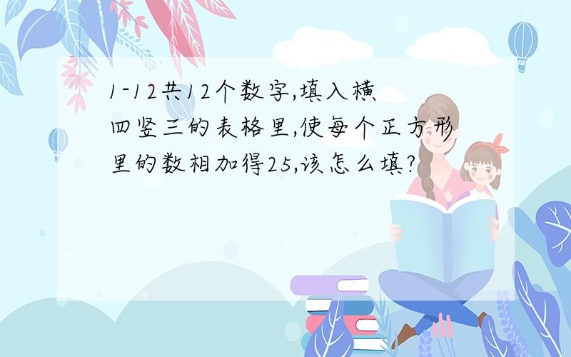 1-12共12个数字,填入横四竖三的表格里,使每个正方形里的数相加得25,该怎么填?