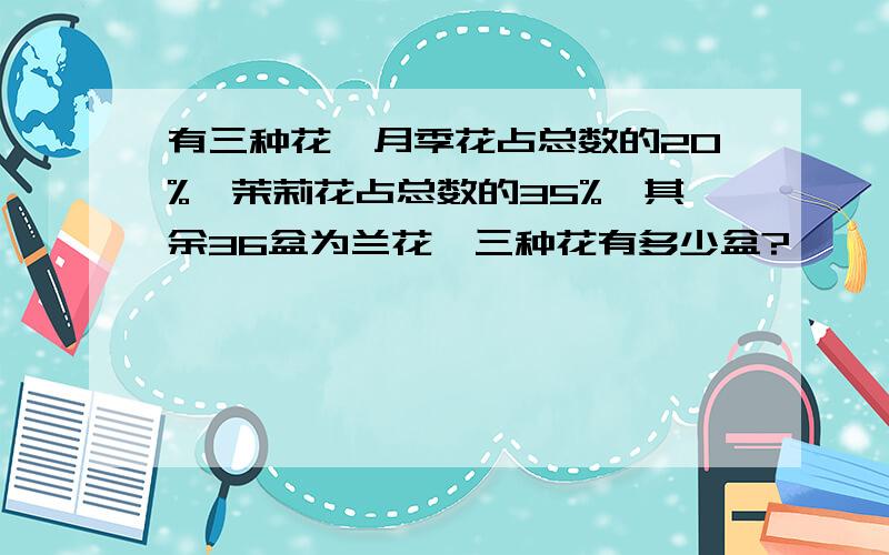 有三种花,月季花占总数的20%,茉莉花占总数的35%,其余36盆为兰花,三种花有多少盆?