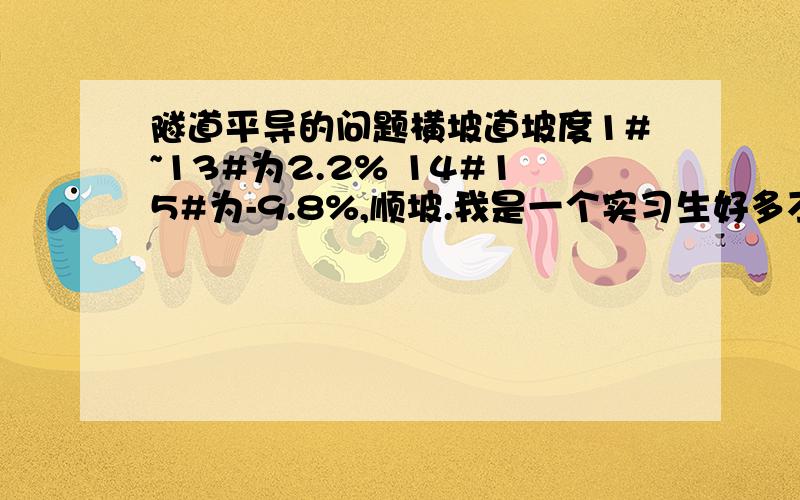 隧道平导的问题横坡道坡度1#~13#为2.2% 14#15#为-9.8%,顺坡.我是一个实习生好多不懂,