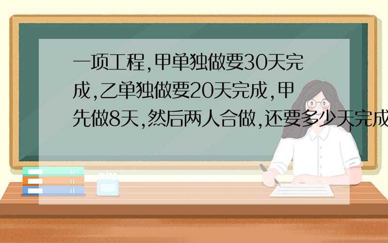 一项工程,甲单独做要30天完成,乙单独做要20天完成,甲先做8天,然后两人合做,还要多少天完成?