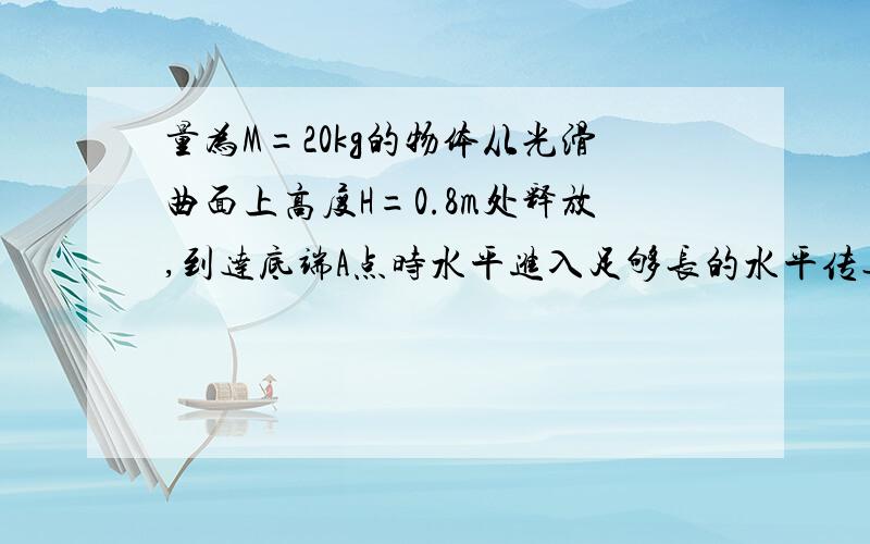 量为M=20kg的物体从光滑曲面上高度H=0.8m处释放,到达底端A点时水平进入足够长的水平传送带,穿送带由一电动机驱动