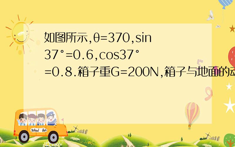 如图所示,θ=370,sin37°=0.6,cos37°=0.8.箱子重G=200N,箱子与地面的动摩擦