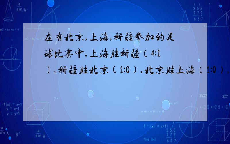 在有北京,上海,新疆参加的足球比赛中,上海胜新疆（4:1）,新疆胜北京(1:0),北京胜上海（1:0）.请确定三个队的排