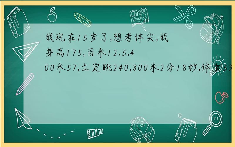 我现在15岁了,想考体尖,我身高175,百米12.5,400米57,立定跳240,800米2分18秒,体重53千克,