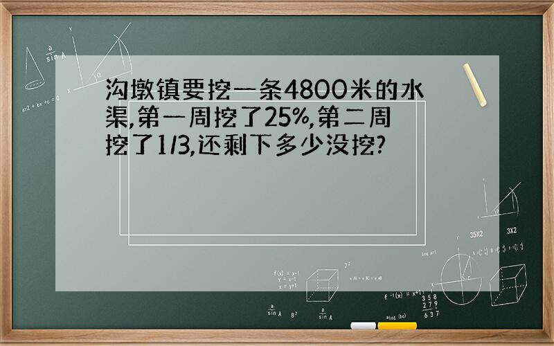 沟墩镇要挖一条4800米的水渠,第一周挖了25%,第二周挖了1/3,还剩下多少没挖?