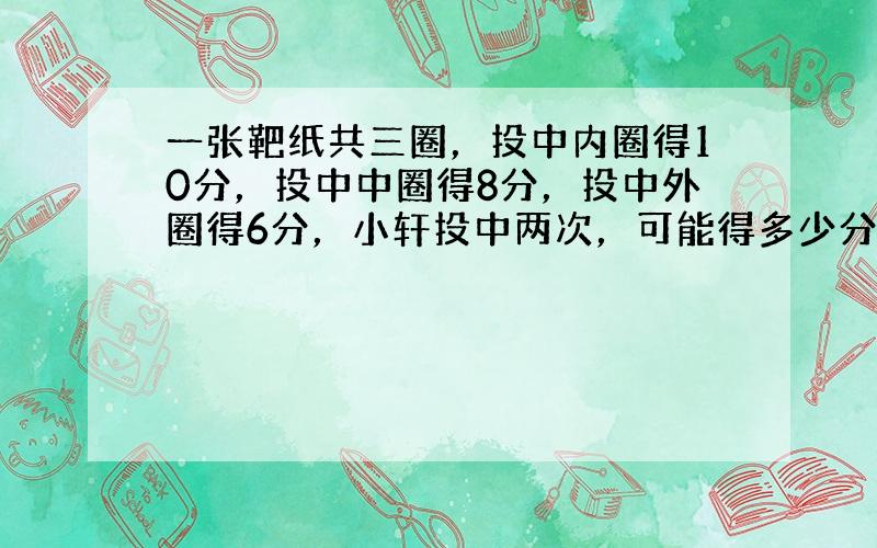 一张靶纸共三圈，投中内圈得10分，投中中圈得8分，投中外圈得6分，小轩投中两次，可能得多少分？