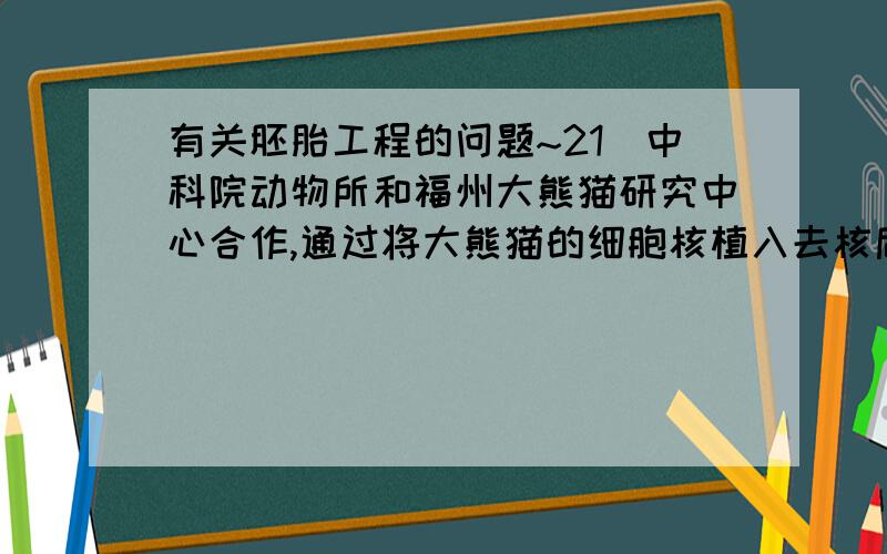 有关胚胎工程的问题~21．中科院动物所和福州大熊猫研究中心合作,通过将大熊猫的细胞核植入去核后的兔子卵细胞中,在世界上最