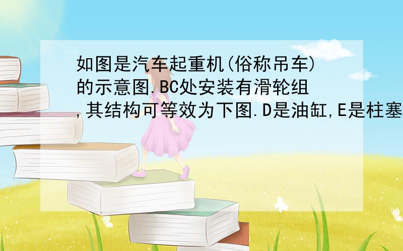 如图是汽车起重机(俗称吊车)的示意图.BC处安装有滑轮组,其结构可等效为下图.D是油缸,E是柱塞,K是铁掌,OAB是起重