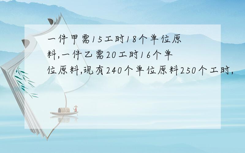 一件甲需15工时18个单位原料,一件乙需20工时16个单位原料,现有240个单位原料250个工时,