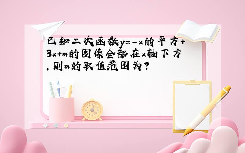 已知二次函数y=-x的平方+3x+m的图像全部在x轴下方,则m的取值范围为?