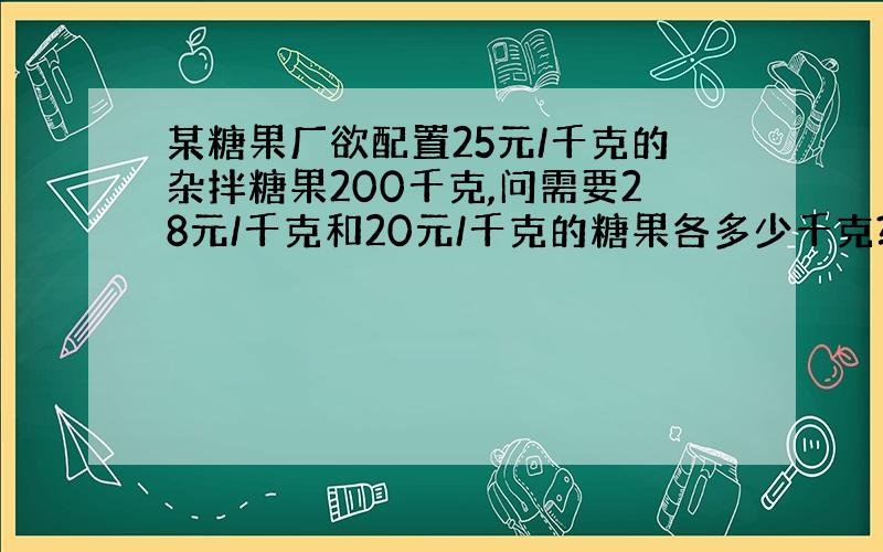 某糖果厂欲配置25元/千克的杂拌糖果200千克,问需要28元/千克和20元/千克的糖果各多少千克?