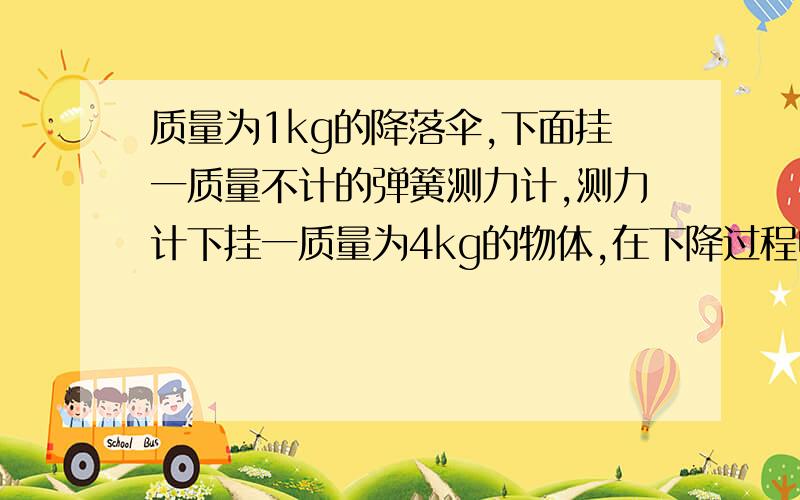 质量为1kg的降落伞,下面挂一质量不计的弹簧测力计,测力计下挂一质量为4kg的物体,在下降过程中,已知伞受到的阻力为30